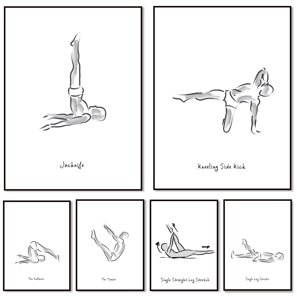 Pilates And Yoga Combined - ピラティスエクササイズの白黒インフォグラフィック、ジョセフ・ピラティスのポスター、ヨガウォールアートキャンバスポスター、フィットネスポスター、ピラティスギフト