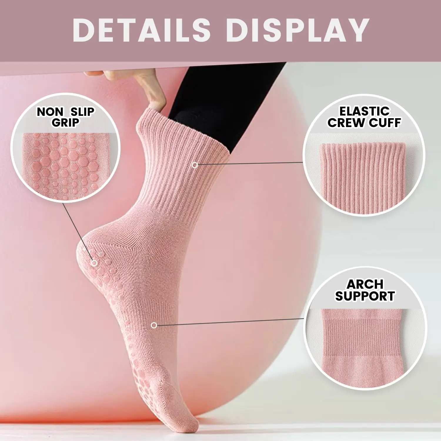 女性用ヨガソックス4足、ソリッドカラーのミッドソール滑り止め - Pilates & Yoga En Talavera Raquel Díaz のレビューと価格