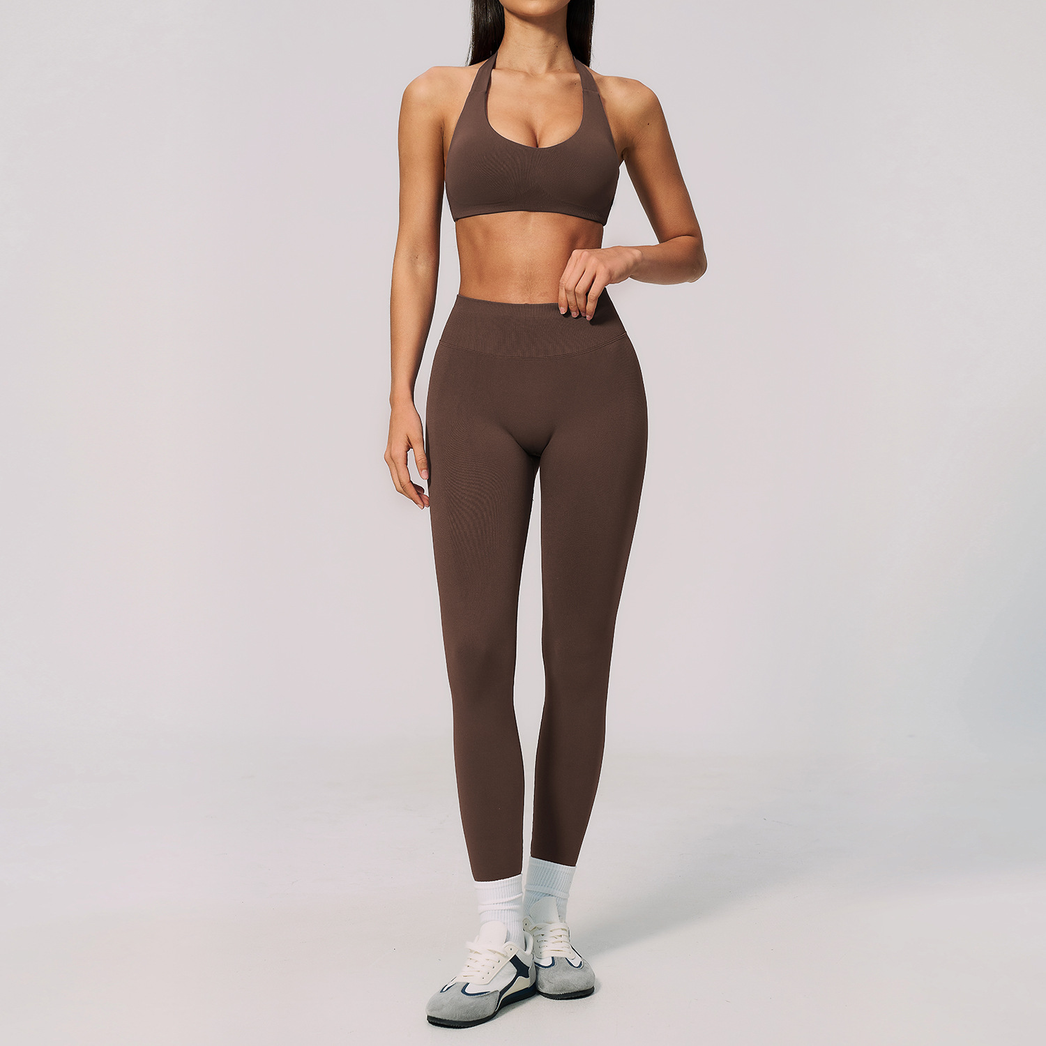 女性用シームレスリブ編み2ピースヨガセット ホルターブラ ス - Pilates Yoga Logo のレビューと価格