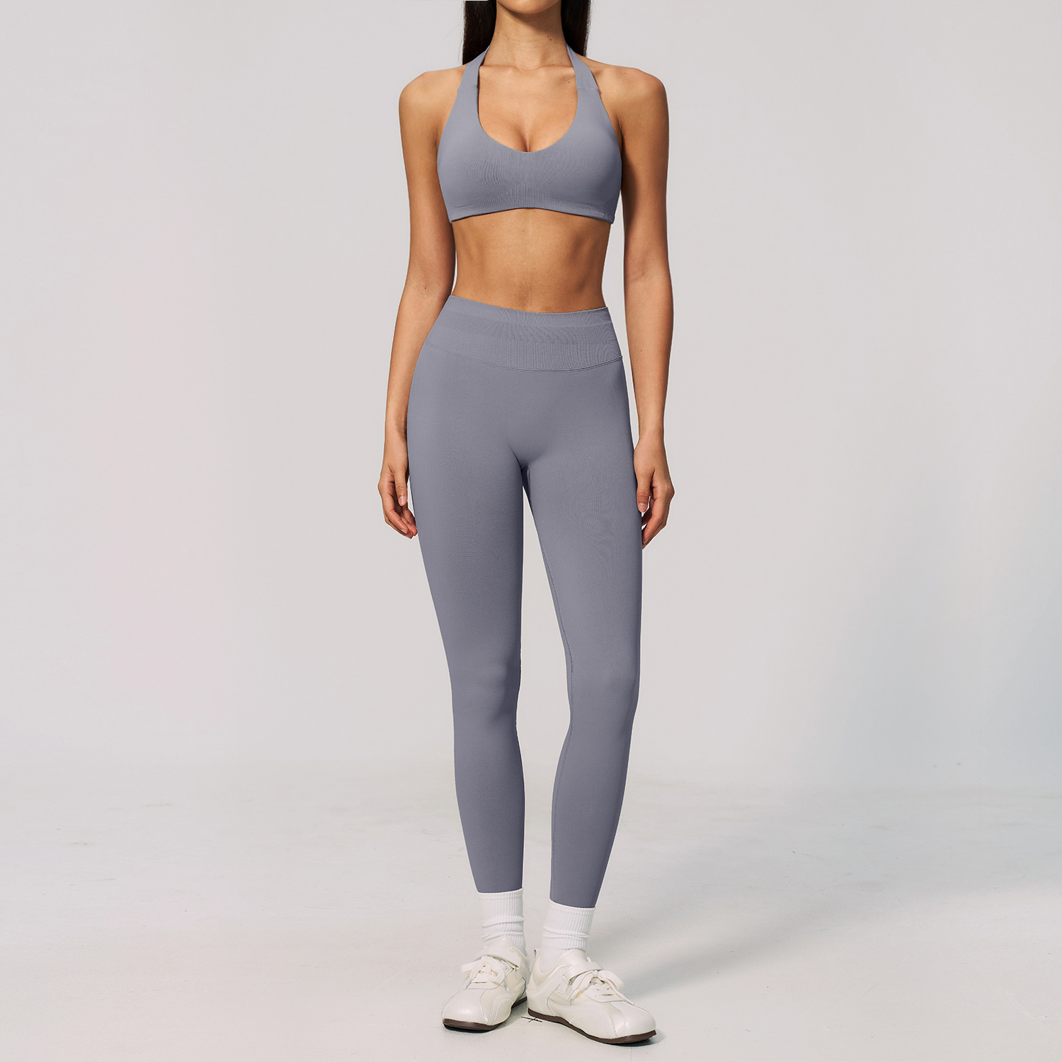女性用シームレスリブ編み2ピースヨガセット ホルターブラ ス - Pilates Yoga Logo のレビューと価格